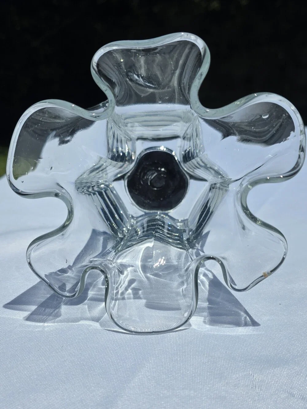 Vintage Muurla Finland Eva Clear Glass Hand Blown Ruffled Handkerchief Vase